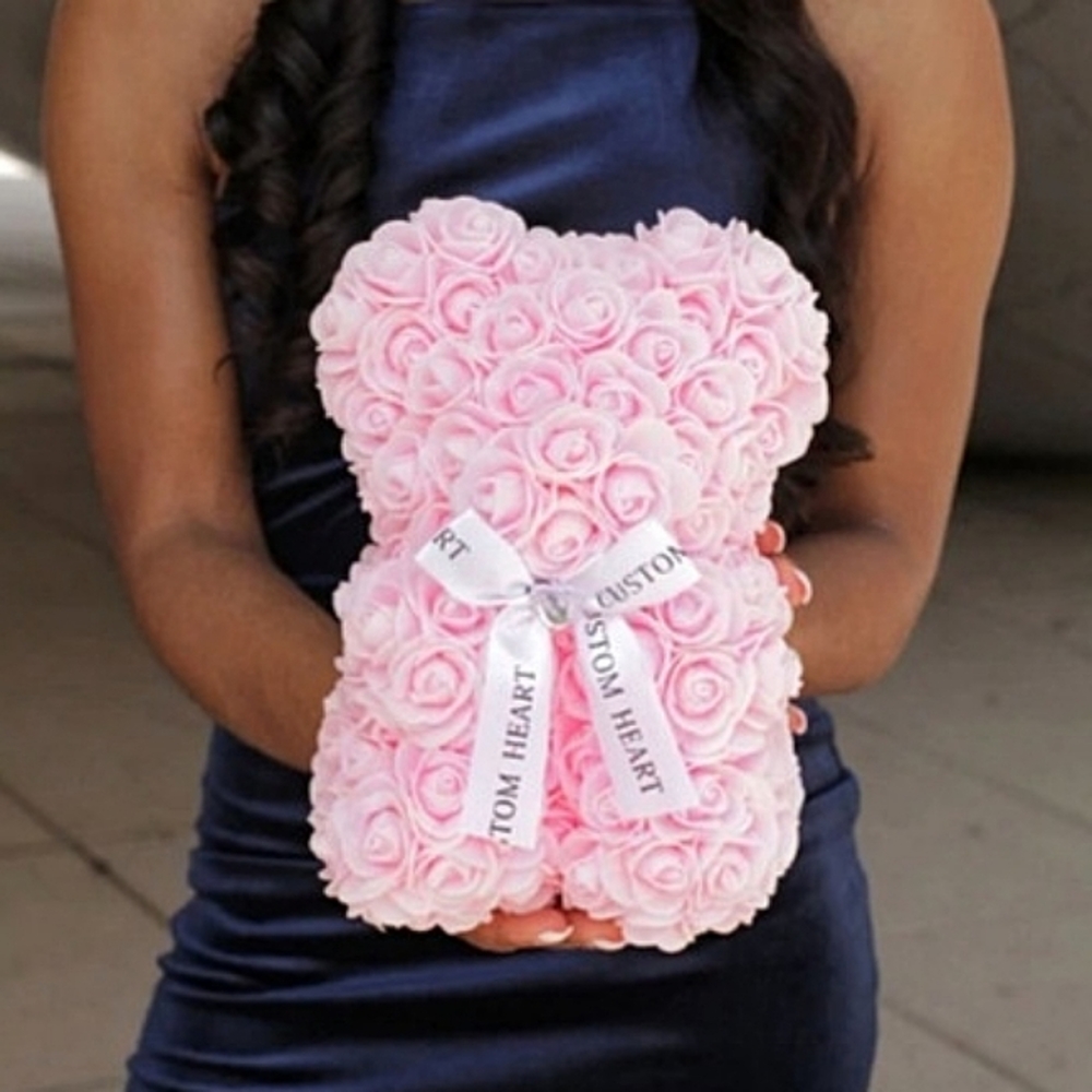My Custom Heart light pink rose teddy bear with white bow NEW gift love